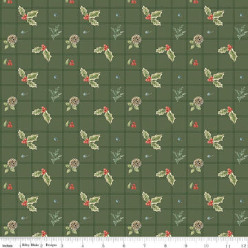Image of Holiday Spirit Holly Green quilting cotton fabric by Lisa Audit for Riley Blake Designs. Features holly on a green background. Cute Little Fabric Shop.