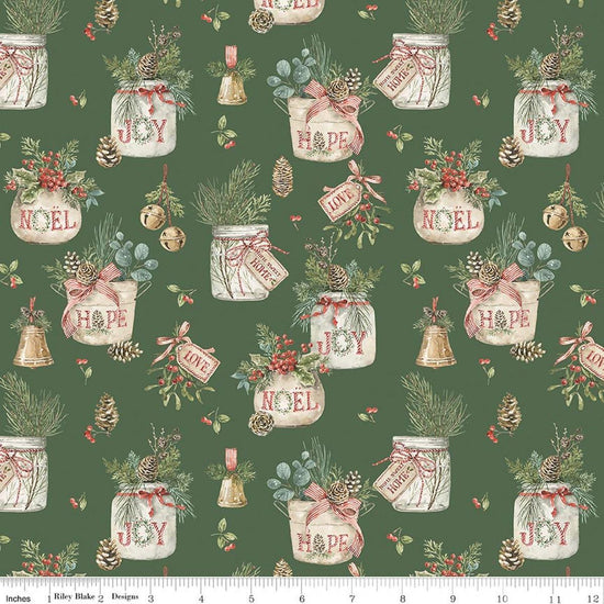 Image of Holiday Spirit Main Green quilting cotton fabric by Lisa Audit for Riley Blake Designs. Features leaves on a green background. Cute Little Fabric Shop.