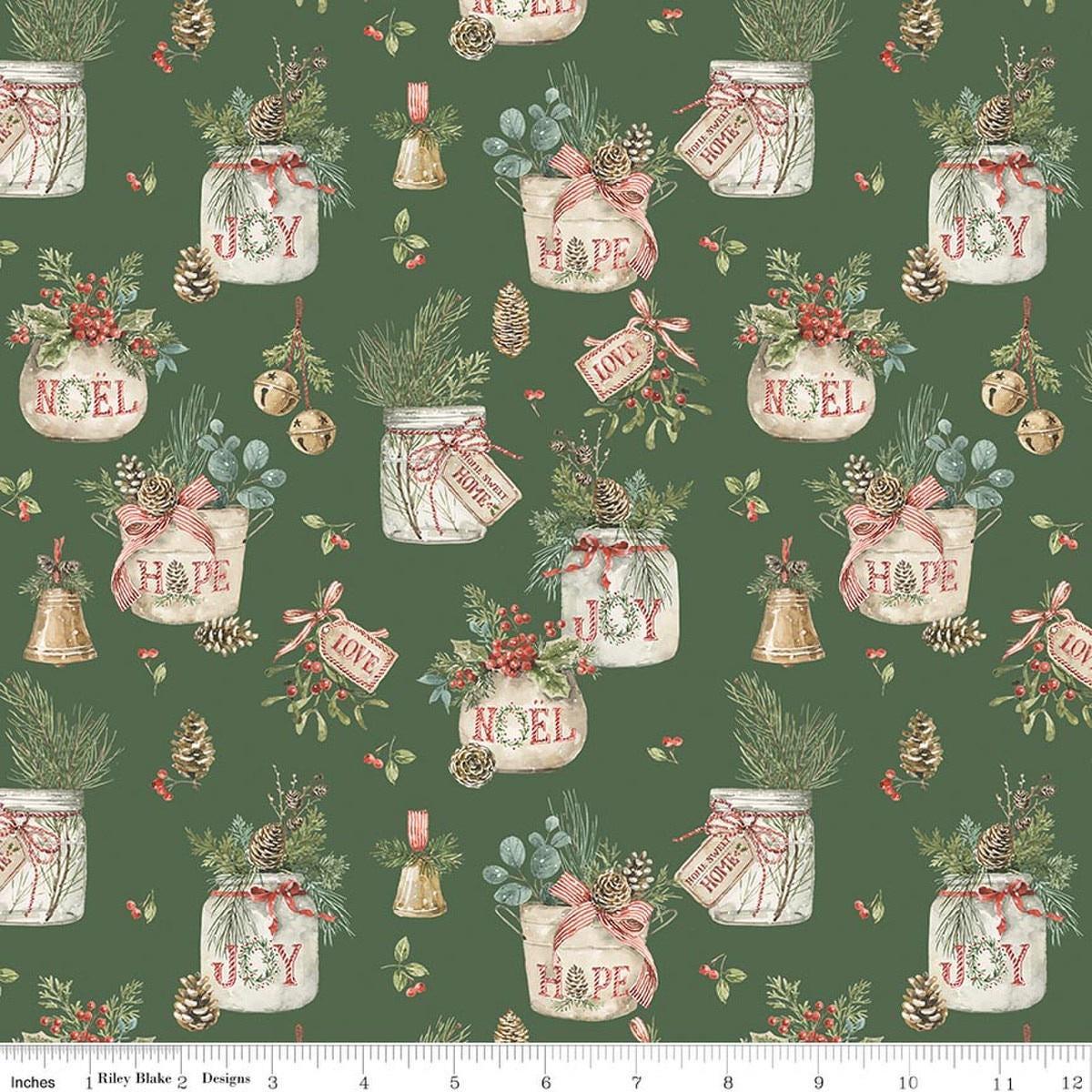 Image of Holiday Spirit Main Green quilting cotton fabric by Lisa Audit for Riley Blake Designs. Features leaves on a green background. Cute Little Fabric Shop.