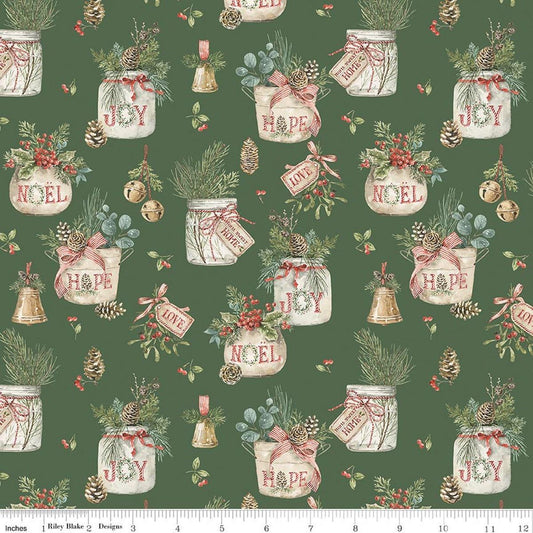 Image of Holiday Spirit Main Green quilting cotton fabric by Lisa Audit for Riley Blake Designs. Features leaves on a green background. Cute Little Fabric Shop.