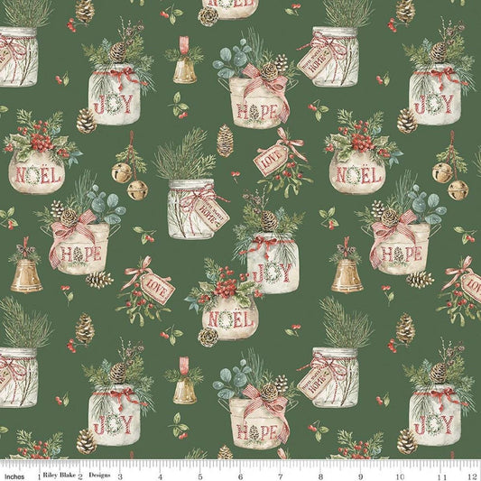 Image of Holiday Spirit Main Green quilting cotton fabric by Lisa Audit for Riley Blake Designs. Features leaves on a green background. Cute Little Fabric Shop.