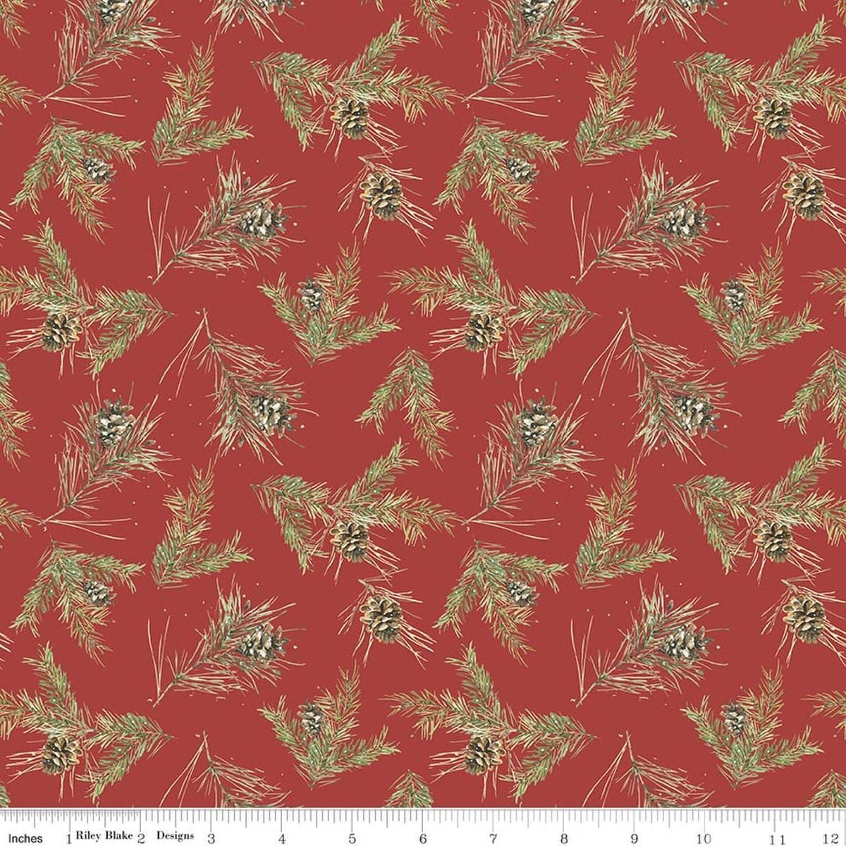 Image of Holiday Spirit Pinecones Red quilting cotton fabric by Lisa Audit for Riley Blake Designs. Features leaves on a red background. Cute Little Fabric Shop.