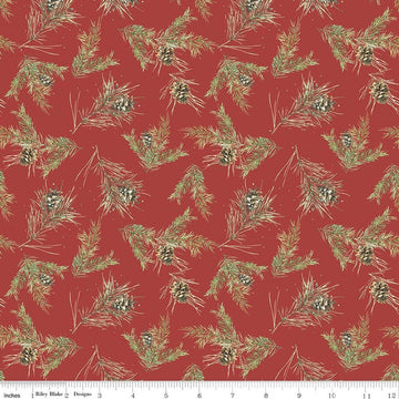 Image of Holiday Spirit Pinecones Red quilting cotton fabric by Lisa Audit for Riley Blake Designs. Features leaves on a red background. Cute Little Fabric Shop.