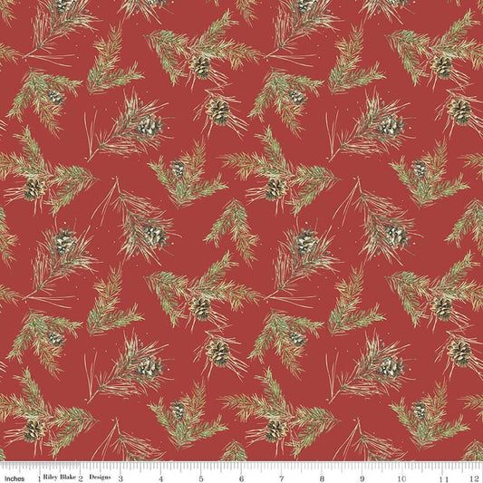 Image of Holiday Spirit Pinecones Red quilting cotton fabric by Lisa Audit for Riley Blake Designs. Features leaves on a red background. Cute Little Fabric Shop.