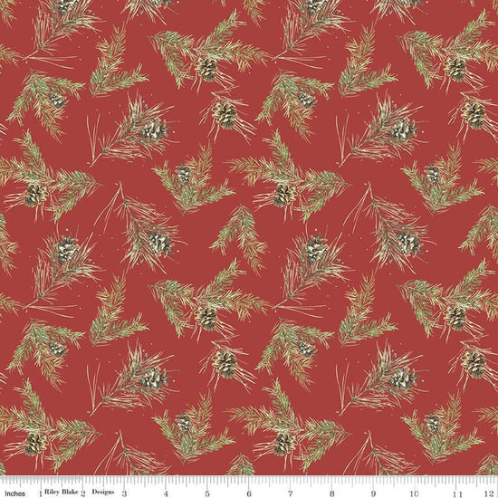 Image of Holiday Spirit Pinecones Red quilting cotton fabric by Lisa Audit for Riley Blake Designs. Features leaves on a red background. Cute Little Fabric Shop.