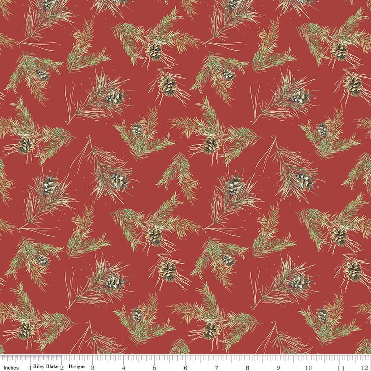 Image of Holiday Spirit Pinecones Red quilting cotton fabric by Lisa Audit for Riley Blake Designs. Features leaves on a red background. Cute Little Fabric Shop.