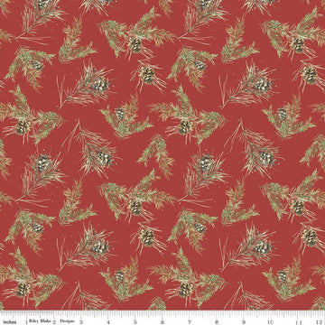 Image of Holiday Spirit Pinecones Red quilting cotton fabric by Lisa Audit for Riley Blake Designs. Features leaves on a red background. Cute Little Fabric Shop.