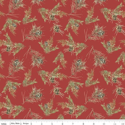 Image of Holiday Spirit Pinecones Red quilting cotton fabric by Lisa Audit for Riley Blake Designs. Features leaves on a red background. Cute Little Fabric Shop.