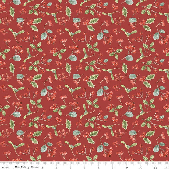 Image of Holiday Spirit Berries Red quilting cotton fabric by Lisa Audit for Riley Blake Designs. Features berries on a red background. Cute Little Fabric Shop.