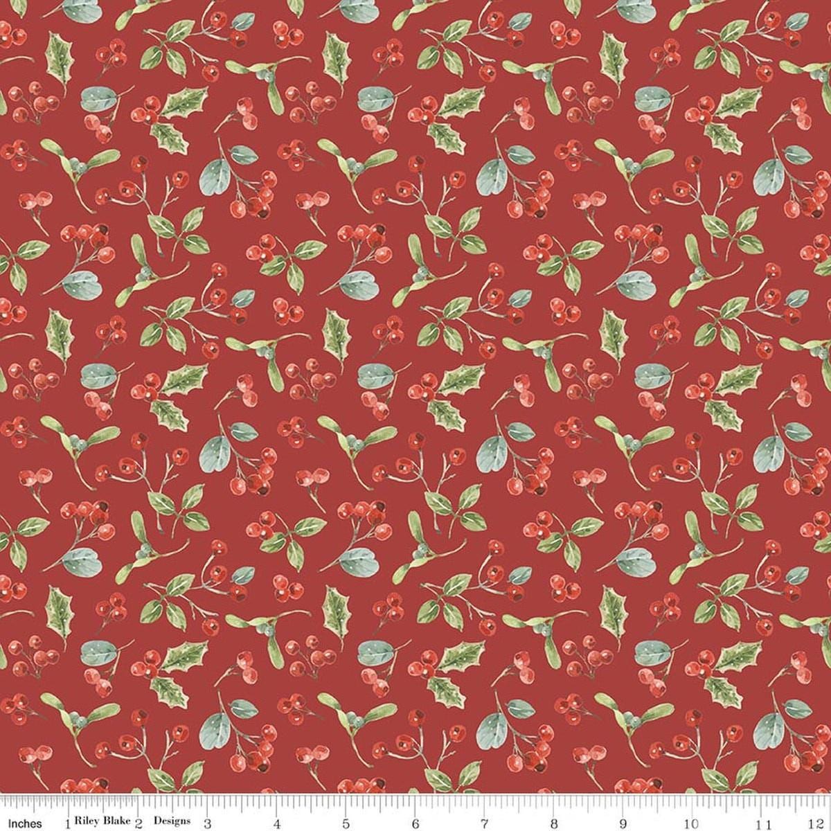 Image of Holiday Spirit Berries Red quilting cotton fabric by Lisa Audit for Riley Blake Designs. Features berries on a red background. Cute Little Fabric Shop.