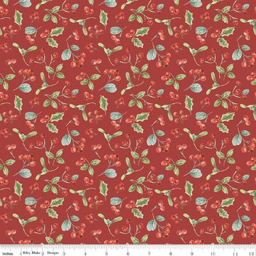 Image of Holiday Spirit Berries Red quilting cotton fabric by Lisa Audit for Riley Blake Designs. Features berries on a red background. Cute Little Fabric Shop.