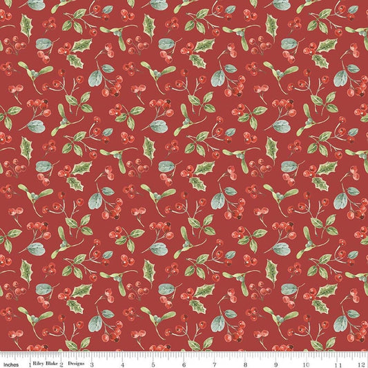 Image of Holiday Spirit Berries Red quilting cotton fabric by Lisa Audit for Riley Blake Designs. Features berries on a red background. Cute Little Fabric Shop.