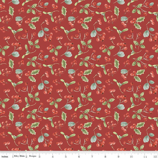 Image of Holiday Spirit Berries Red quilting cotton fabric by Lisa Audit for Riley Blake Designs. Features berries on a red background. Cute Little Fabric Shop.