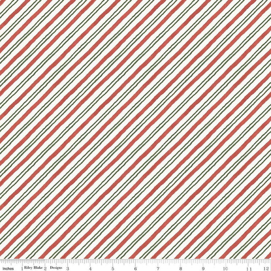 Image of Holiday Spirit Stripes Multi quilting cotton fabric by Lisa Audit for Riley Blake Designs. Features stripes on a red background. Cute Little Fabric Shop.