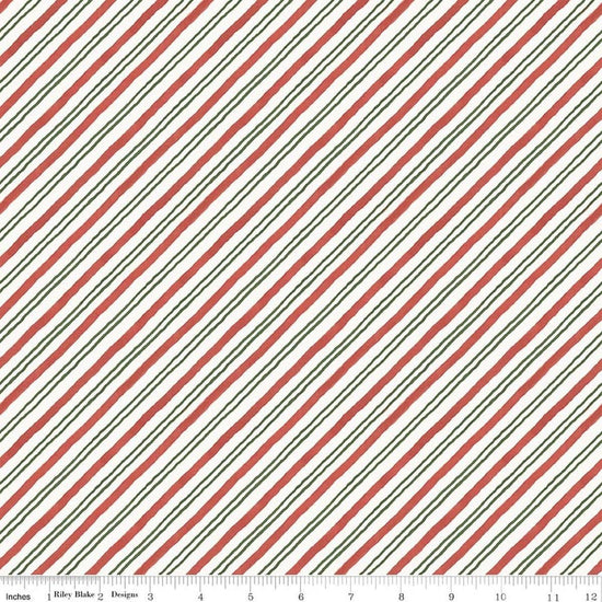 Image of Holiday Spirit Stripes Multi quilting cotton fabric by Lisa Audit for Riley Blake Designs. Features stripes on a red background. Cute Little Fabric Shop.