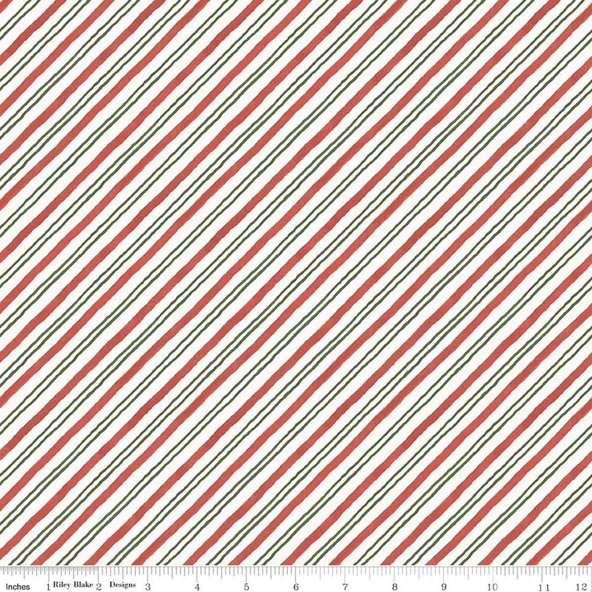 Image of Holiday Spirit Stripes Multi quilting cotton fabric by Lisa Audit for Riley Blake Designs. Features stripes on a red background. Cute Little Fabric Shop.