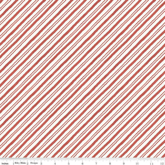 Image of Holiday Spirit Stripes Red quilting cotton fabric by Lisa Audit for Riley Blake Designs. Features stripes on a red background. Cute Little Fabric Shop.
