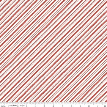 Image of Holiday Spirit Stripes Red quilting cotton fabric by Lisa Audit for Riley Blake Designs. Features stripes on a red background. Cute Little Fabric Shop.