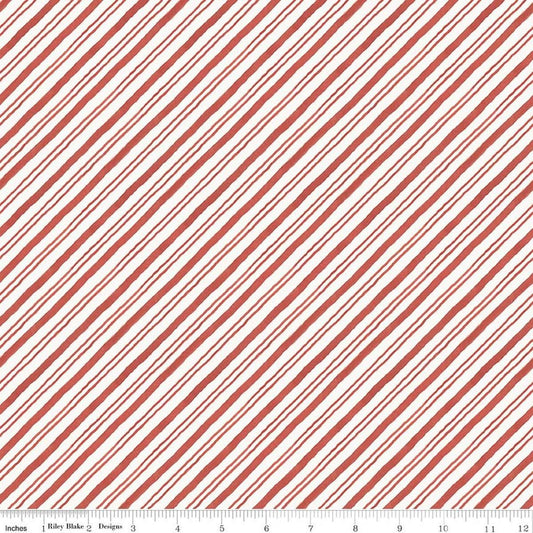 Image of Holiday Spirit Stripes Red quilting cotton fabric by Lisa Audit for Riley Blake Designs. Features stripes on a red background. Cute Little Fabric Shop.