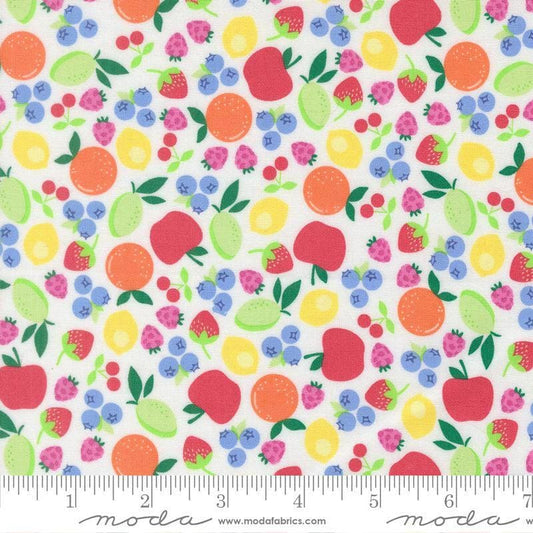 Image of Fruit Salad Novelty Off White quilting cotton fabric by Corey Yoder for Moda Fabrics. Features fruit on a white background. Cute Little Fabric Shop.