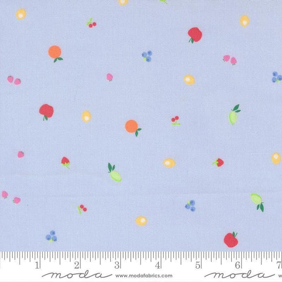 Image of Fruit Salad Snack Light Blue quilting cotton fabric by Corey Yoder for Moda Fabrics. Features fruit on a blue background. Cute Little Fabric Shop.