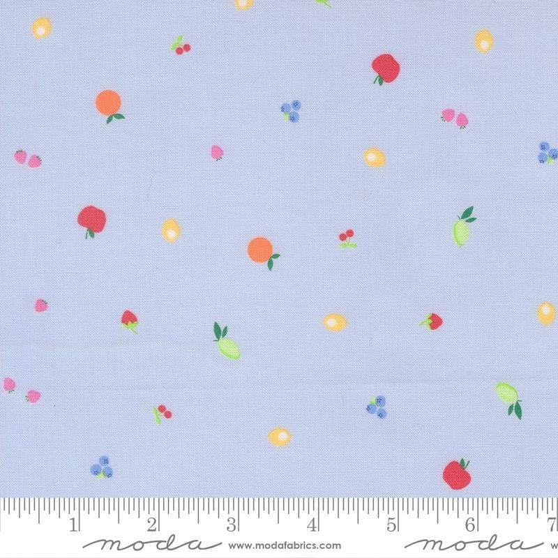 Image of Fruit Salad Snack Light Blue quilting cotton fabric by Corey Yoder for Moda Fabrics. Features fruit on a blue background. Cute Little Fabric Shop.
