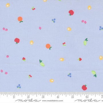 Image of Fruit Salad Snack Light Blue quilting cotton fabric by Corey Yoder for Moda Fabrics. Features fruit on a blue background. Cute Little Fabric Shop.