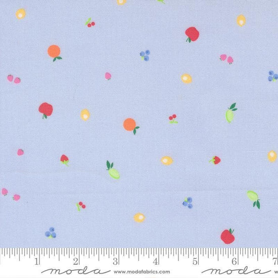 Image of Fruit Salad Snack Light Blue quilting cotton fabric by Corey Yoder for Moda Fabrics. Features fruit on a blue background. Cute Little Fabric Shop.