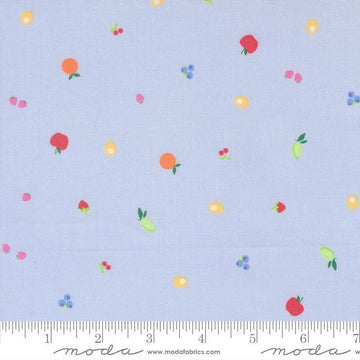 Image of Fruit Salad Snack Light Blue quilting cotton fabric by Corey Yoder for Moda Fabrics. Features fruit on a blue background. Cute Little Fabric Shop.