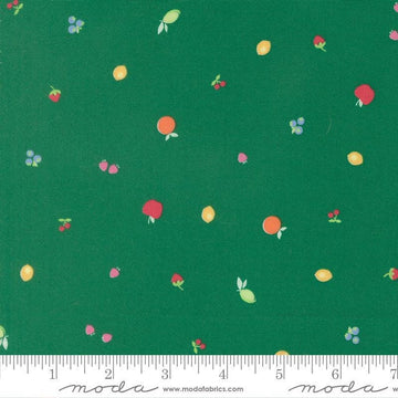 Image of Fruit Salad Snack Emerald quilting cotton fabric by Corey Yoder for Moda Fabrics. Features fruit on a green background. Cute Little Fabric Shop.