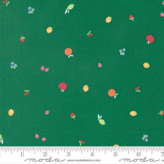 Image of Fruit Salad Snack Emerald quilting cotton fabric by Corey Yoder for Moda Fabrics. Features fruit on a green background. Cute Little Fabric Shop.