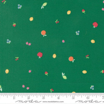 Image of Fruit Salad Snack Emerald quilting cotton fabric by Corey Yoder for Moda Fabrics. Features fruit on a green background. Cute Little Fabric Shop.