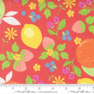 Image of Fruit Salad Fruits Flamingo quilting cotton fabric by Corey Yoder for Moda Fabrics. Features fruit on a pink background. Cute Little Fabric Shop.