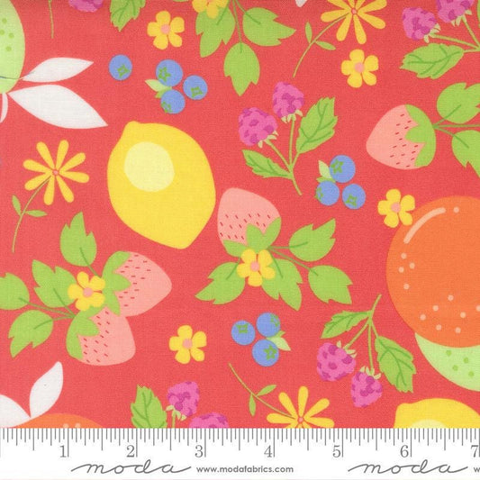 Image of Fruit Salad Fruits Flamingo quilting cotton fabric by Corey Yoder for Moda Fabrics. Features fruit on a pink background. Cute Little Fabric Shop.