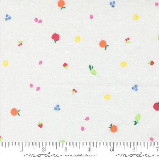 Image of Fruit Salad Snack Off White quilting cotton fabric by Corey Yoder for Moda Fabrics. Features fruit on a white background. Cute Little Fabric Shop.