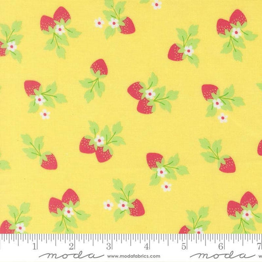 Image of Fruit Salad Strawberries Sunshine quilting cotton fabric by Corey Yoder for Moda Fabrics. Features strawberries on a yellow background. Cute Little Fabric Shop.