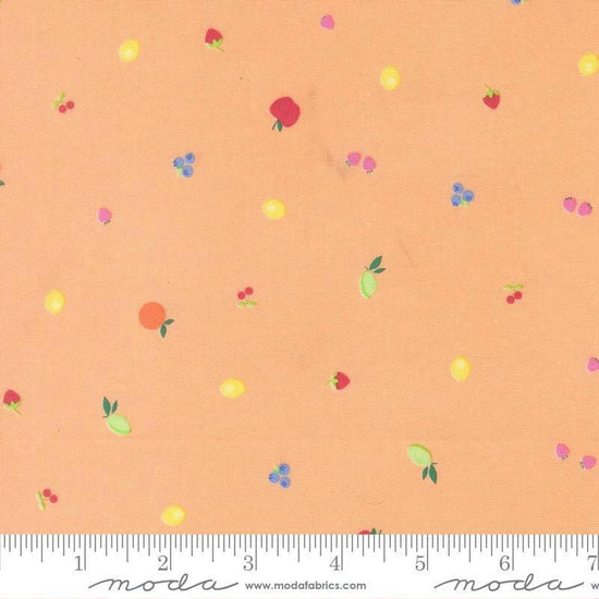 Image of Fruit Salad Snack Cantaloupe quilting cotton fabric by Corey Yoder for Moda Fabrics. Features fruit on an orange background. Cute Little Fabric Shop.