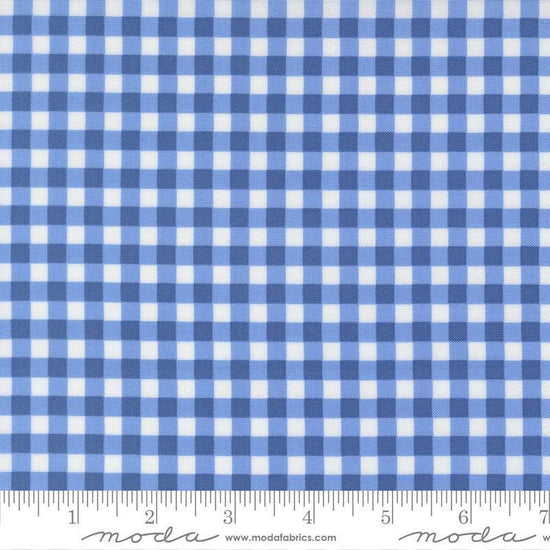 Image of Fruit Salad Gingham Cobalt quilting cotton fabric by Corey Yoder for Moda Fabrics. Features gingham on a blue background. Cute Little Fabric Shop.