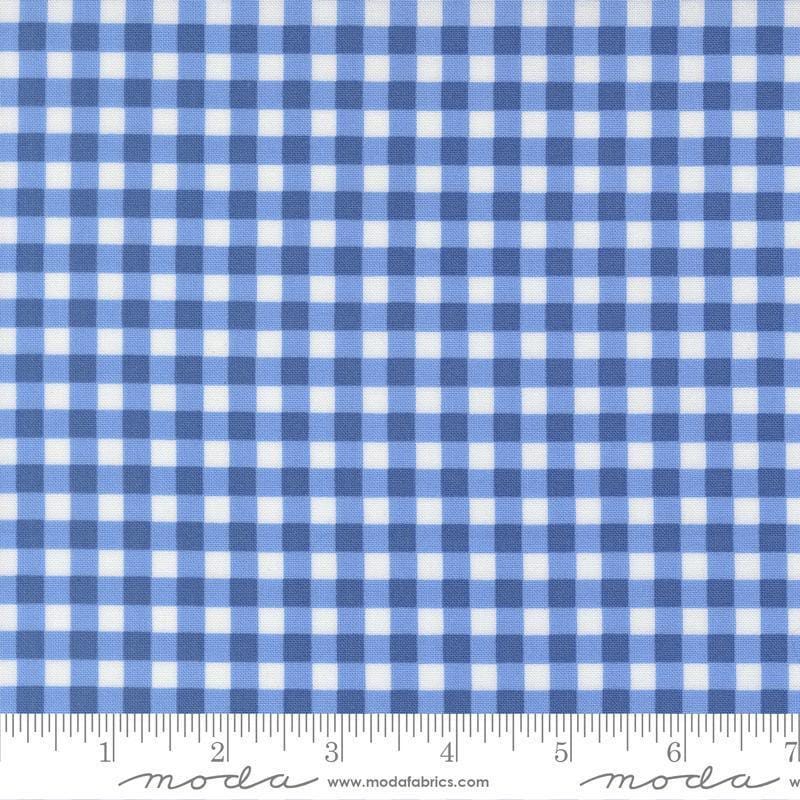 Image of Fruit Salad Gingham Cobalt quilting cotton fabric by Corey Yoder for Moda Fabrics. Features gingham on a blue background. Cute Little Fabric Shop.