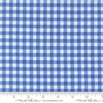 Image of Fruit Salad Gingham Cobalt quilting cotton fabric by Corey Yoder for Moda Fabrics. Features gingham on a blue background. Cute Little Fabric Shop.