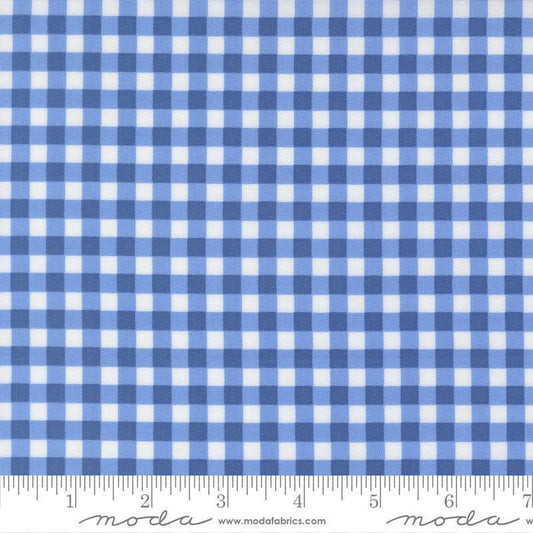 Image of Fruit Salad Gingham Cobalt quilting cotton fabric by Corey Yoder for Moda Fabrics. Features gingham on a blue background. Cute Little Fabric Shop.