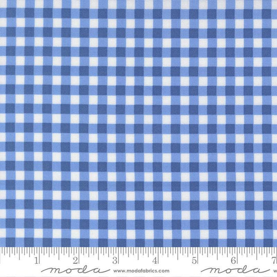 Image of Fruit Salad Gingham Cobalt quilting cotton fabric by Corey Yoder for Moda Fabrics. Features gingham on a blue background. Cute Little Fabric Shop.