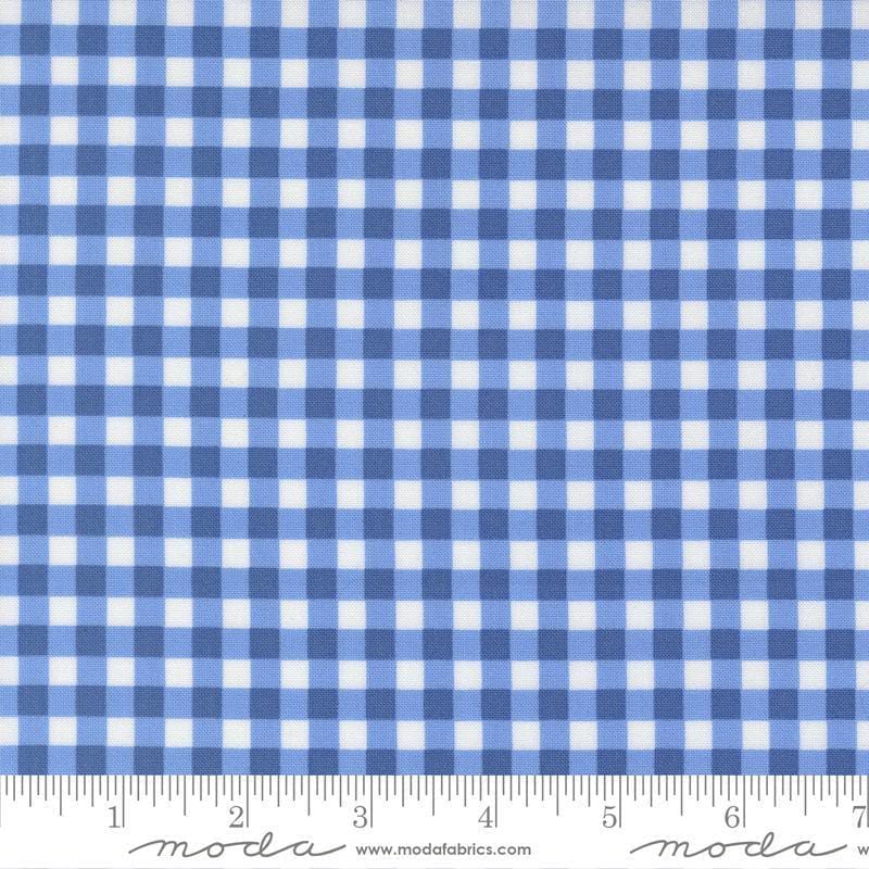 Image of Fruit Salad Gingham Cobalt quilting cotton fabric by Corey Yoder for Moda Fabrics. Features gingham on a blue background. Cute Little Fabric Shop.