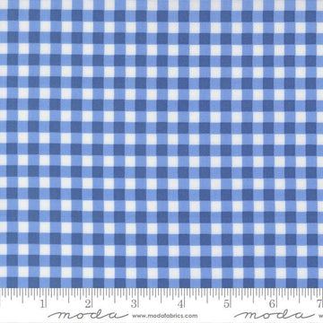 Image of Fruit Salad Gingham Cobalt quilting cotton fabric by Corey Yoder for Moda Fabrics. Features gingham on a blue background. Cute Little Fabric Shop.