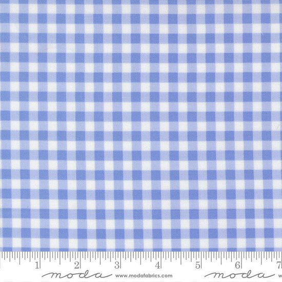 Image of Fruit Salad Gingham Light Blue quilting cotton fabric by Corey Yoder for Moda Fabrics. Features gingham on a blue background. Cute Little Fabric Shop.