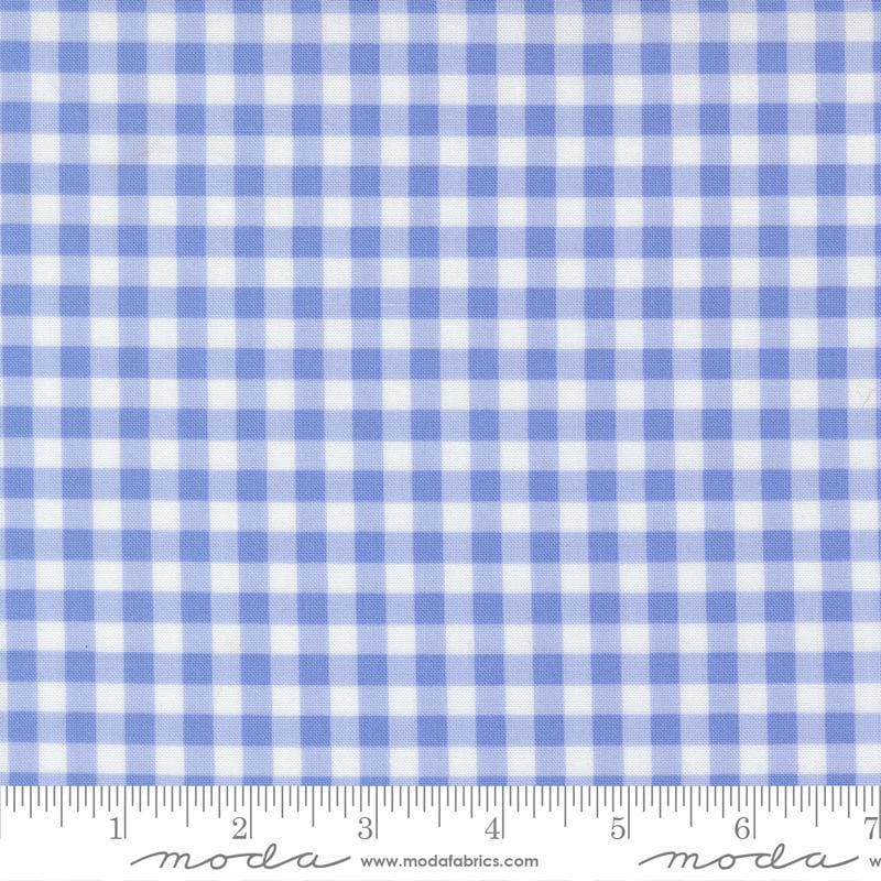 Image of Fruit Salad Gingham Light Blue quilting cotton fabric by Corey Yoder for Moda Fabrics. Features gingham on a blue background. Cute Little Fabric Shop.
