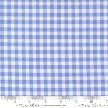 Image of Fruit Salad Gingham Light Blue quilting cotton fabric by Corey Yoder for Moda Fabrics. Features gingham on a blue background. Cute Little Fabric Shop.