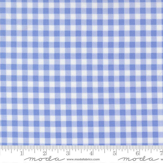 Image of Fruit Salad Gingham Light Blue quilting cotton fabric by Corey Yoder for Moda Fabrics. Features gingham on a blue background. Cute Little Fabric Shop.