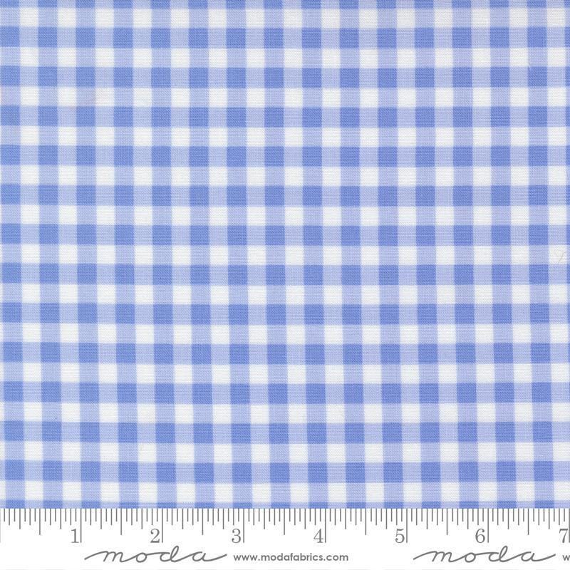 Image of Fruit Salad Gingham Light Blue quilting cotton fabric by Corey Yoder for Moda Fabrics. Features gingham on a blue background. Cute Little Fabric Shop.