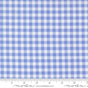 Image of Fruit Salad Gingham Light Blue quilting cotton fabric by Corey Yoder for Moda Fabrics. Features gingham on a blue background. Cute Little Fabric Shop.